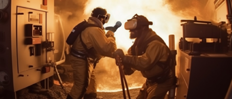 Two people fighting a fire.