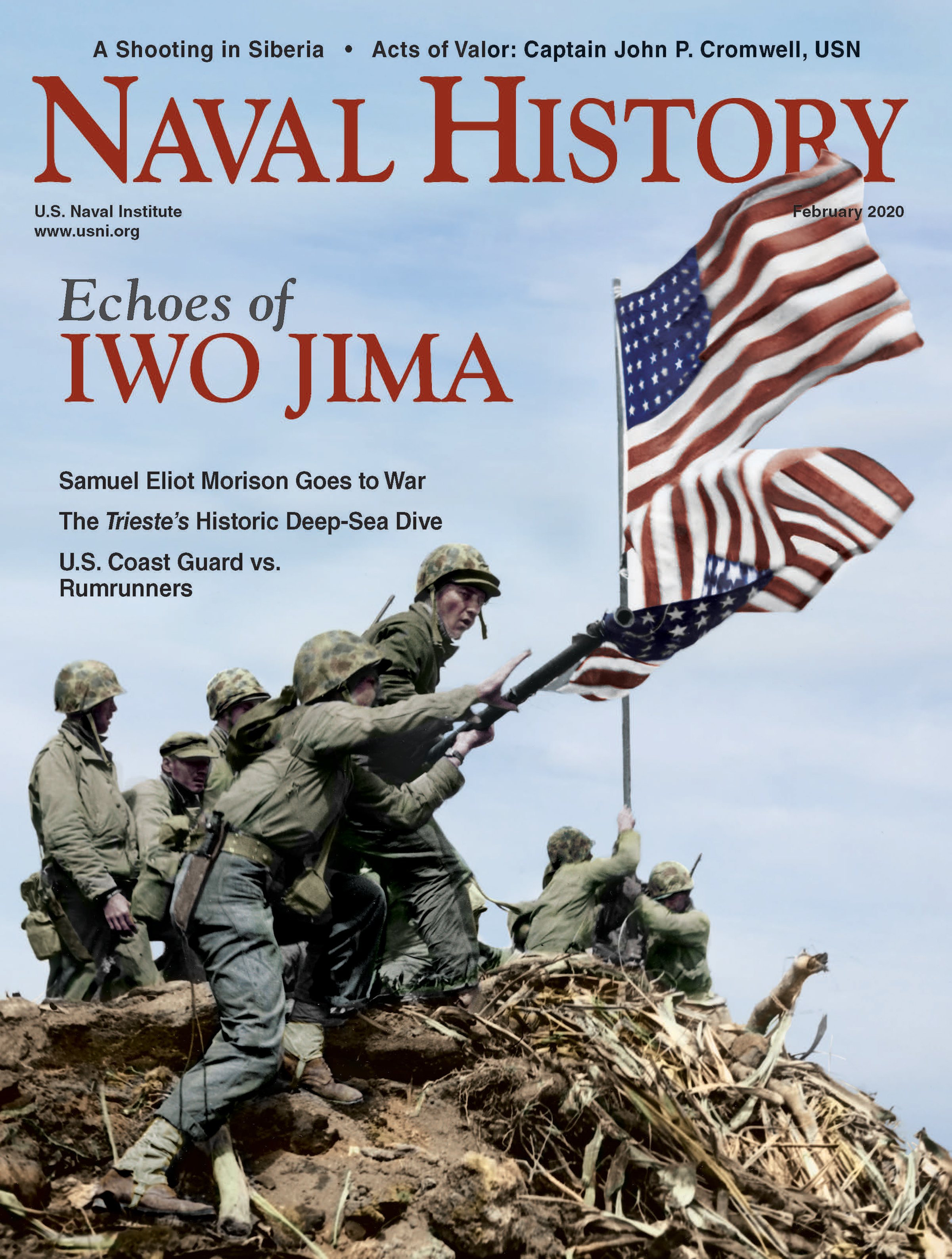 U.S. flags over Iwo Jima's Mount Suribachi grace the cover