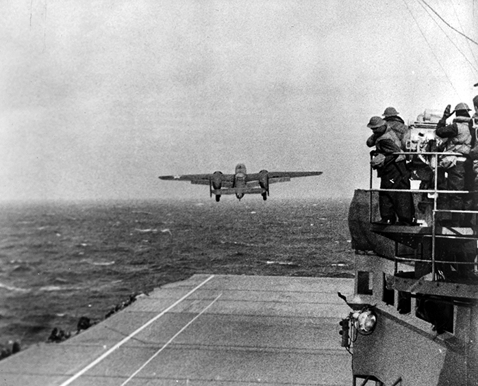 A B-25 takes off from the deck of the USS Hornet
