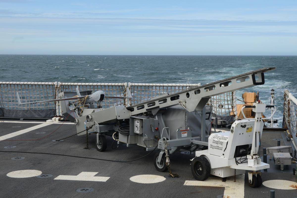 The small-unmanned aerial system, Scan Eagle, sits ready for deployment on the Coast Guard Cutter Stratton's (WMSL-752).