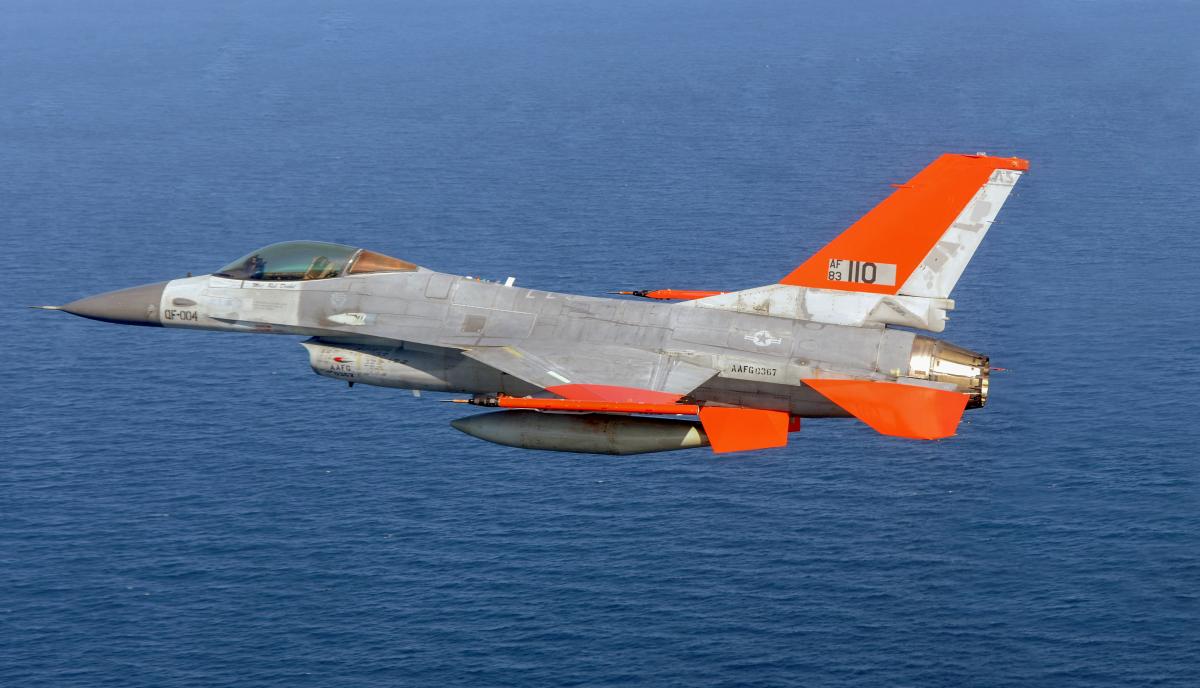A QF-16 Full Scale Aerial Target from the 82nd Aerial Targets Squadron flies over the Gulf of Mexico