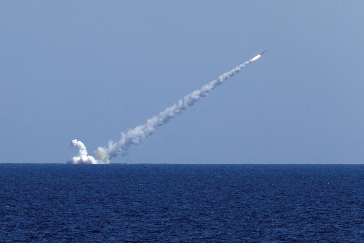 The Russian submarines Kolpino and Veliky Novgorod launch seven Kalibr cruise missiles at terrorist targets in Syria