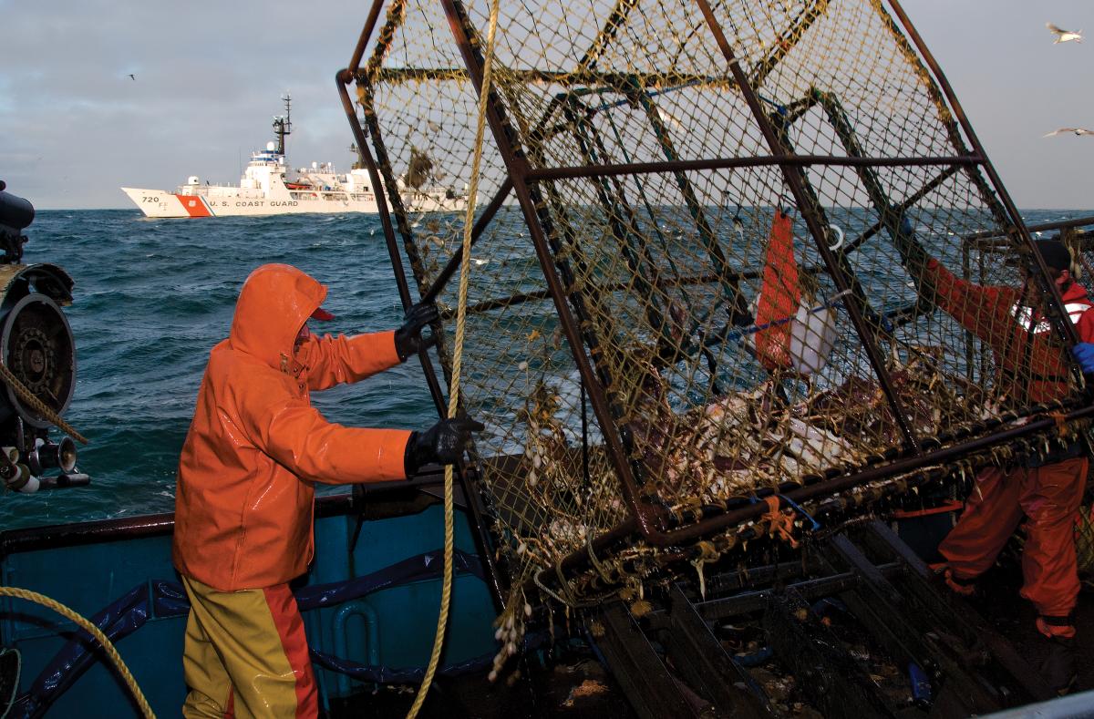 Fisherman unload a crab pot aboard the fishing vessel Gulf Winds during a law enforcement boarding conducted by USCGC Sherman