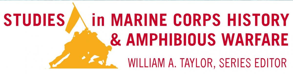 Series title and series editor name in red text wrapped around a yellow silhouette of the Marines raising the flag at Iwo Jima.