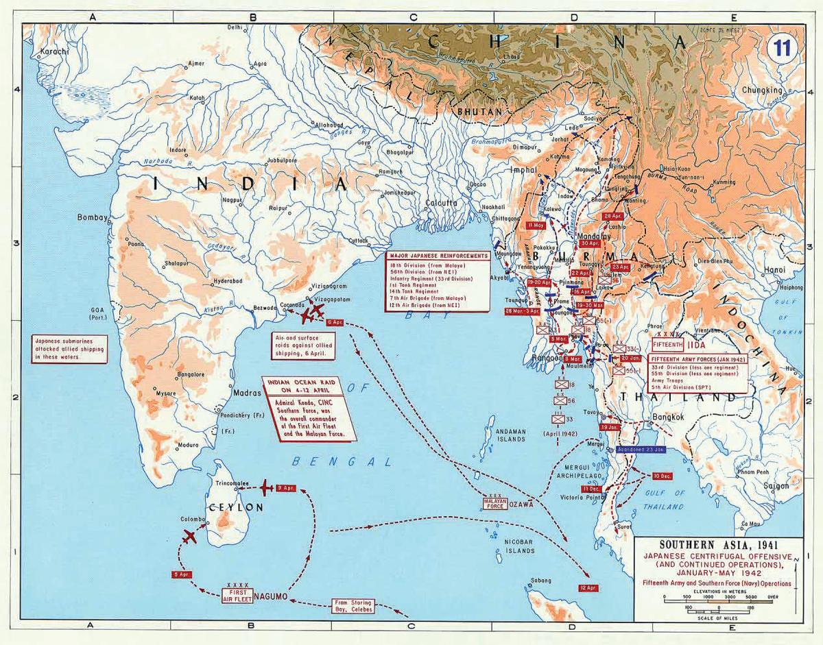 Cartography as an art form: This map created by the U.S. Military Academy offers a vividly detailed look at the Japanese thrust into the Indian Ocean in 1942.