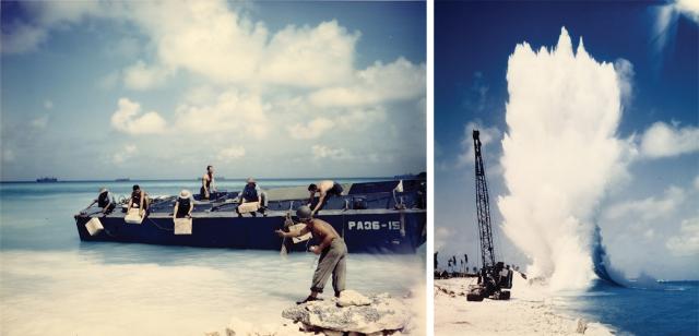 Seabees lower Hercules powder explosives over the side of an LCVP and later set off blasts near the shore during construction of an airfield on Eniwetok Atoll. To this day, throughout the U.S. legacy bases of the Central Pacific, “even badly deteriorated airfields could be quickly brought back to life sufficient for field operations.”