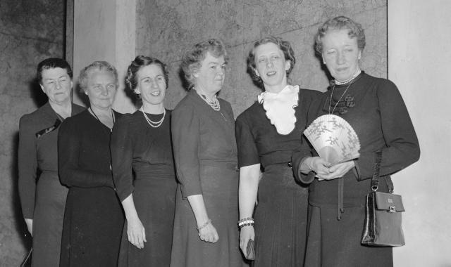 While there was staunch opposition in the halls of Congress to women serving in the military, six women elected to the House of Representatives in 1940 succeeded in increasing pressure on the military to recruit women for the coming war: (from left) Frances P. Bolton (R-OH), Clara McMillian (D-TN), Mary T. Norton (D-NJ), Edith N. Rogers (R-MA), Caroline O’Day (D-NY), and Jessie Sumner (R-IL).