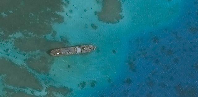 A satellite photo of the Sierra Madre, permanently grounded on Second Thomas Shoal in the South China Sea.