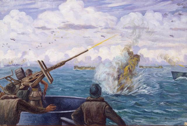 Off the Green Islands, U.S. Navy gunners fire at Japanese aircraft as one of the enemy planes splashes down nearby, in a painting by New Zealand combat artist Allan Barns-Graham. In an early D-Day strike, 15 Japanese dive bombers attacked Operation Squarepeg’s invasion convoy, scoring no serious hits while losing six aircraft.