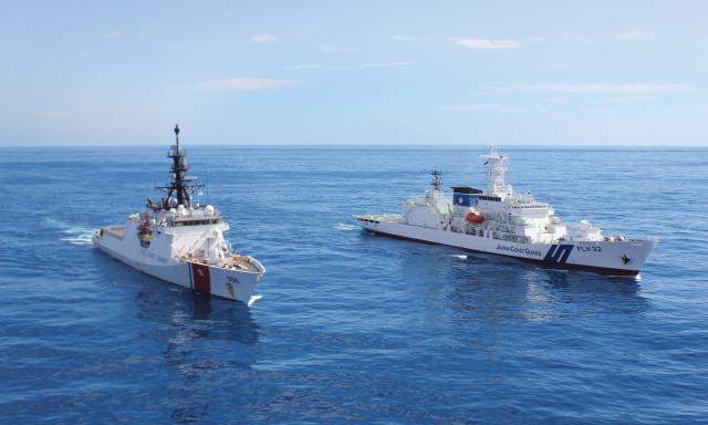 The Coast Guard cutter Kimball (WMSL-756) and Japan Coast Guard ship Akitsushima