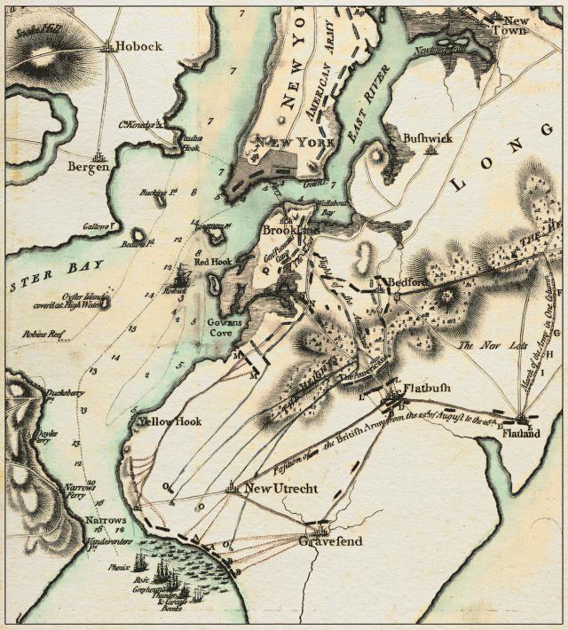 This portion of British General William Howe’s map of Long Island shows his fleet in Gravesend Bay and their plan to sail into the East River, which would have boxed in Washington and his troops and prevented their escape from Brooklyn Heights. In anticipation of this move, Washington ordered a full evacuation, which Glover and his men carried out under cover of night, not losing a single man or piece of artillery.