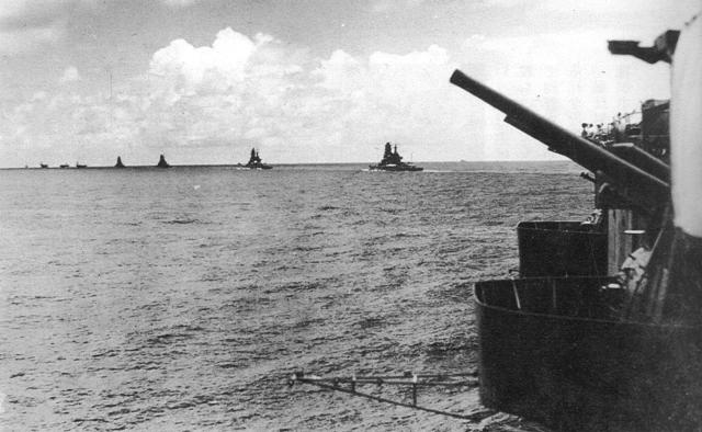 Viewed from the deck of the carrier Zuikaku, the Japanese strike force advances into the Indian Ocean on 30 March 1942. (Left to right: the Akagi, So-ryu-, Hiryu-, Hiei, Kirishima, Haruna, and Kongo-.)