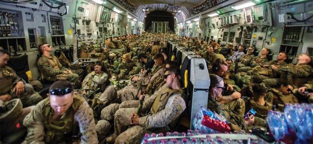 Marines from the 24th Marine Expeditionary Unit fly to Hamid Karzai International Airport in Kabul, Afghanistan, in mid-August.