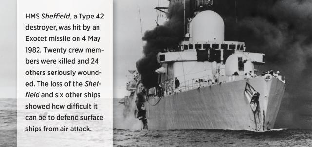 HMS Sheffield, burning after an Exocet missile strike