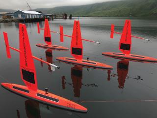 Saildrones in Dutch Harbor, Alaska, during a 2019 Arctic test 