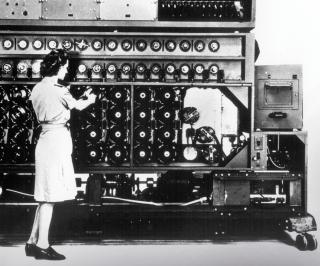 During World War II, WAVES made important contributions in disciplines supporting the production of operational intelligence. Here, an enlisted WAVE operates a Bombe machine to decrypt enciphered German radio communications.