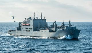 The Military Sealift Command dry cargo and ammunition ship USNS Charles Drew (T-AKE-10) at sea.