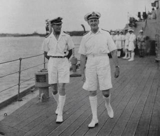 Vice Admiral Sir James Somerville (right) on the deck of his flagship, HMS Warspite, with Captain G. N. Oliver. While initially taking heat for failing to correctly estimate the size of the Japanese forces in the Indian Ocean raid, Somerville survived the criticism and eventually would be named Admiral of the Fleet.