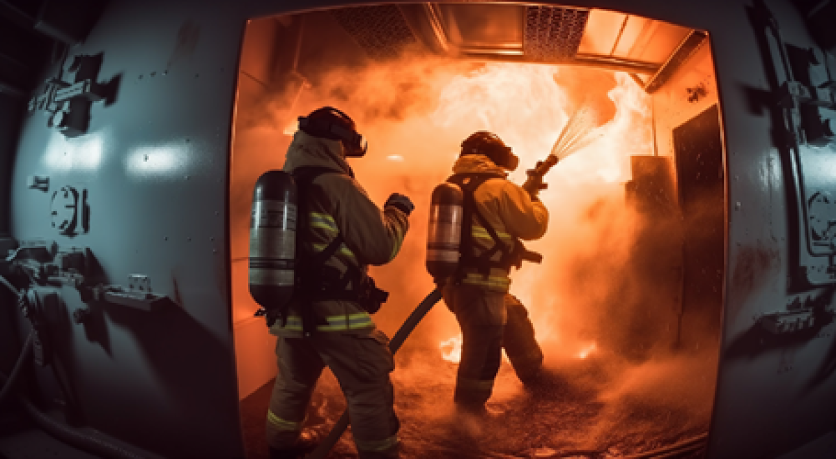 Two people fighting a fire.