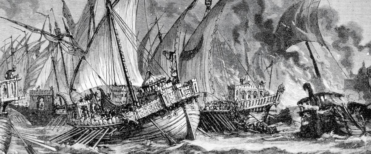 The powerful Byzantine fleet unexpectedly meets its match at the Battle of the Masts in 655 AD.