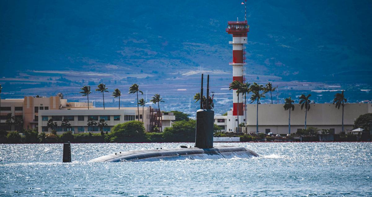 The USS Cheyenne (SSN-773) is shown here departing Joint Base Pearl Harbor–Hickam for a regularly scheduled Indo-Pacific deployment. 