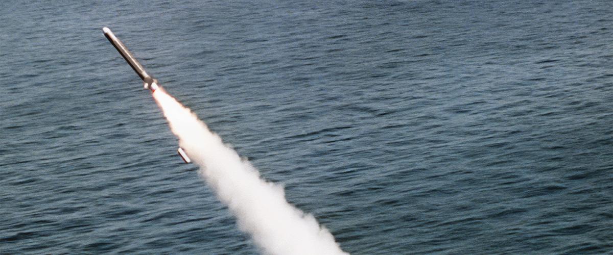 A Tomahawk missile is launched from an attack submarine in the Pacific Missile Test Center range.