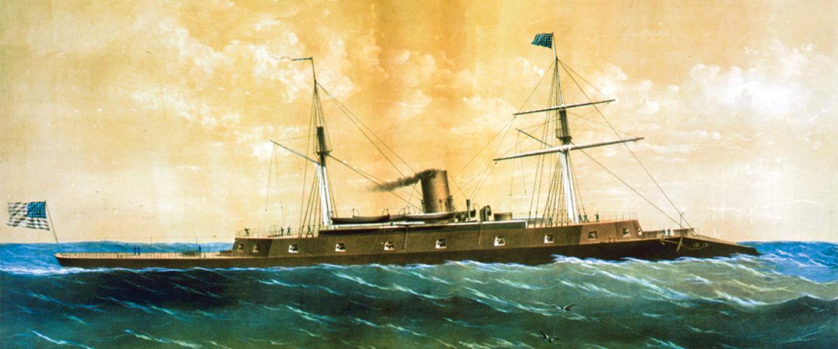 A contemporary lithograph “sketched and drawn on stone by Parsons; lithographed and published by Endicott & Co., New York,” shows the ship uncluttered by sails.