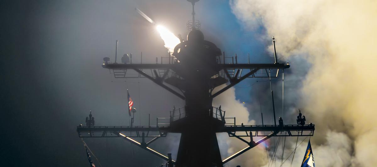 The USS Gravely (DDG-107) launches  missiles in response to Houthi attacks on 12 January 2024. 