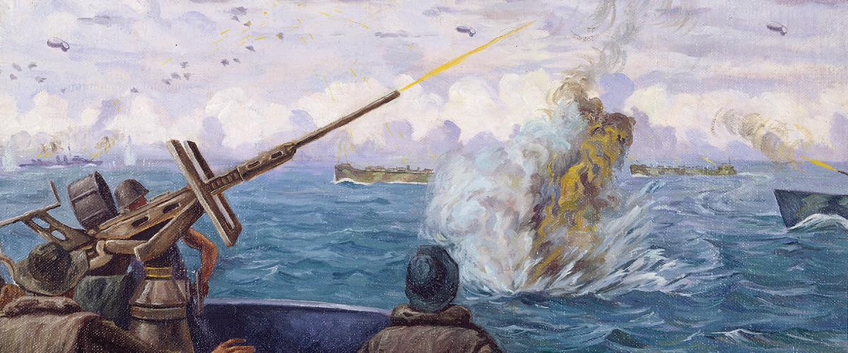 Off the Green Islands, U.S. Navy gunners fire at Japanese aircraft as one of the enemy planes splashes down nearby, in a painting by New Zealand combat artist Allan Barns-Graham. In an early D-Day strike, 15 Japanese dive bombers attacked Operation Squarepeg’s invasion convoy, scoring no serious hits while losing six aircraft.