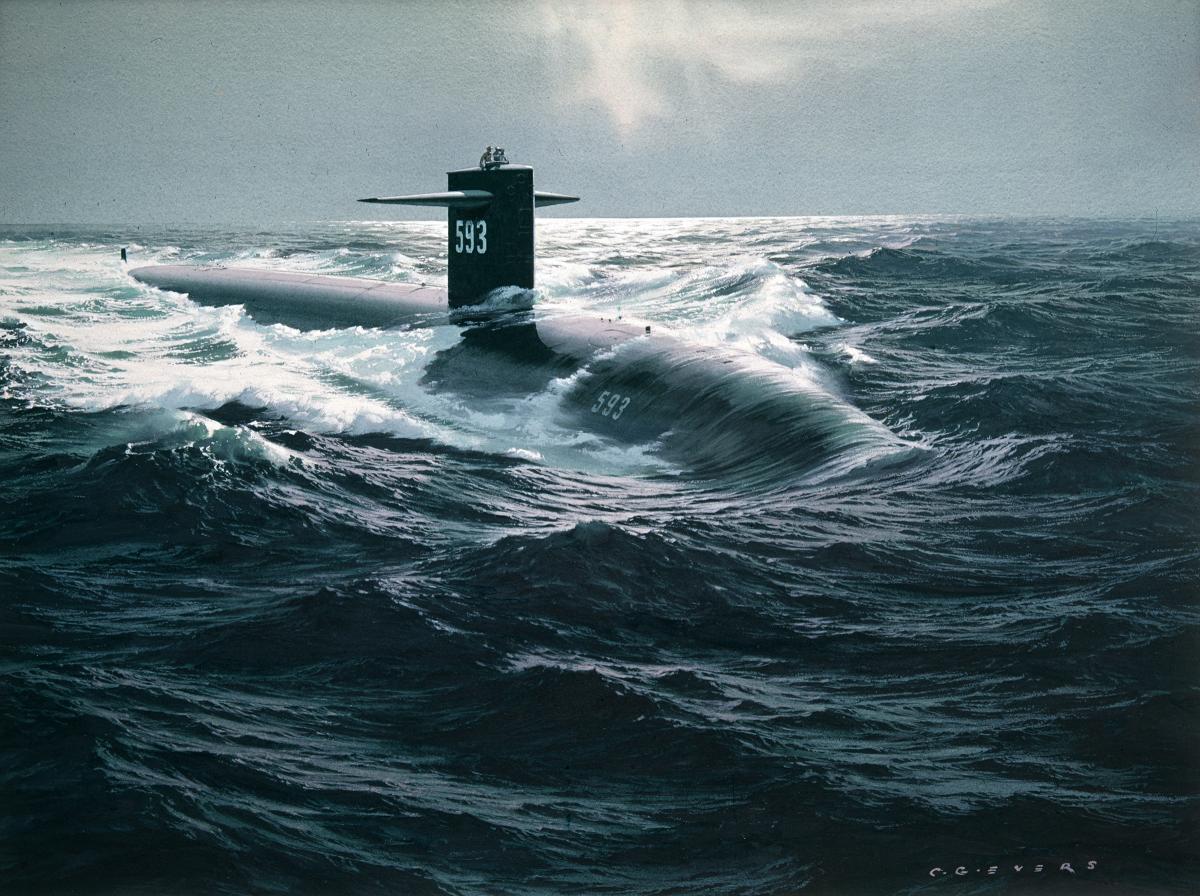Watercolor of USS Thresher (SSN-593) underway by Carl G. Evers