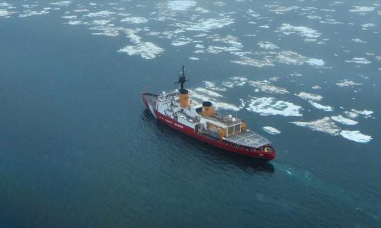 The USCGC Polar Star (WAGB-10) transits near the beginning of the ice edge in the Chukchi Sea north of Wainwright Alaska.