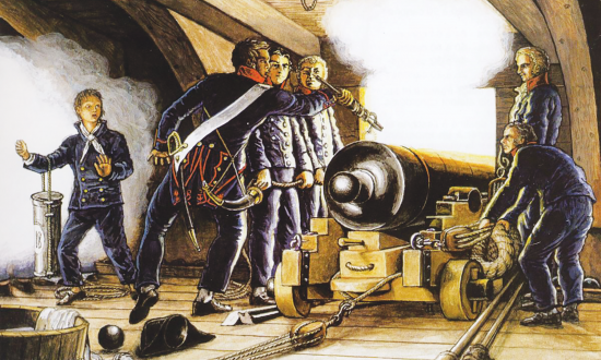 A crew serving a cannon on a sailing ship.
