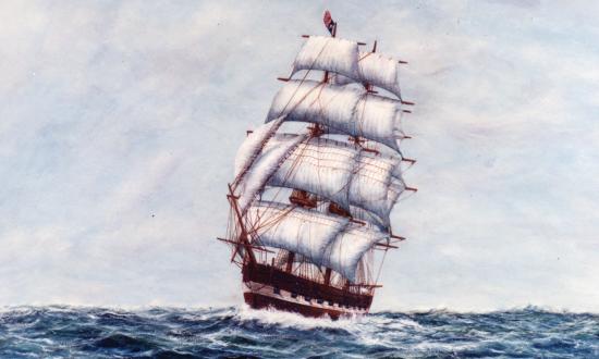 The sloop-of-war Austin, flagship of the Second Texas Navy from 1840 to 1846, at sea. The ship appears to be experiencing Force 4 or 5 conditions—a “moderate” or “fresh” breeze—on the modern Beaufort Scale.