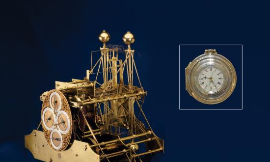 Composite of the H1 and H4 Chronometers on a blue background