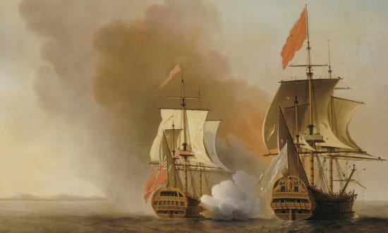HMS Centurion (left) captures the Spanish treasure galleon Nuestra Señora de Covadonga off the Philippines.