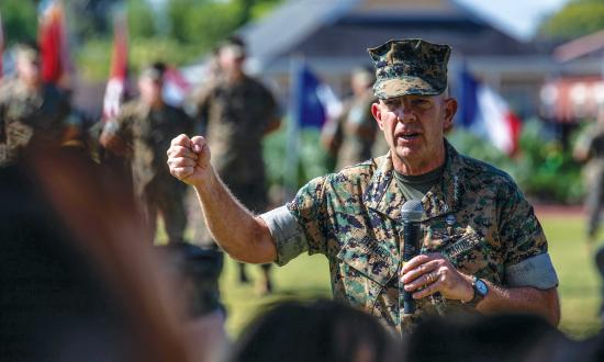 U.S. Marine Corps Gen. David H. Berger, 38th Commandant of the Marine Corps, speaks to attendees during a change of command ceremony
