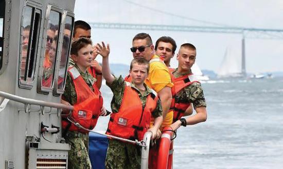 Sea cadets on the water in a Coast Guard 45-foot fast-response boat.