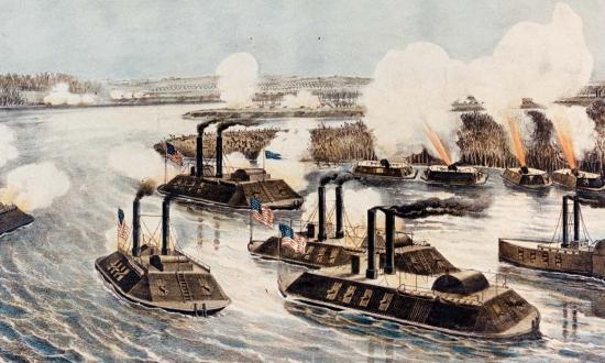 Vessels of the Union Navy’s Mississippi River Squadron, shown here during the 1862 Battle of Island Number Ten, needed manpower—and those who escaped from slavery and joined the service as “contrabands” proved a valuable asset to the war effort.