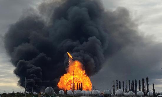 The TPC Group Petrochemical Plant at Port Neches, Texas, burns after an accidental explosion in November 2019. U.S. adversaries could cause similar or worse destruction to critical homeland infrastructure from offshore using widely available commercial drone and other technology, as Houthi rebels claimed to have done against the Saudi Abqaiq oil-processing facility last September.
