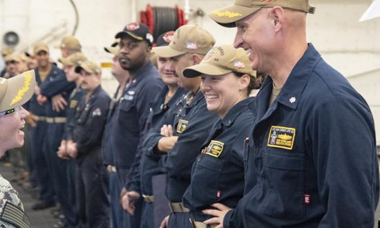 Former executive officer Commander Audrey Herrington, left, says farewell to her relief, Commander William Burkland, on board the USS San Diego (LPD-22) in 2023. Public speaking and connecting with your audience is an essential skill for naval leaders.  