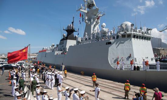 The Chinese frigate Weifang is welcomed in Cape Town, South Africa, prior to the 2019 Multinational Maritime Exercise with the Russian and South African navies.