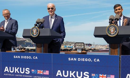 President Joe Biden, U.K. Prime Minister Rishi Sunak (right), and Australian Prime Minister Anthony Albanese deliver remarks on AUKUS in March 2023. The accord’s true value is its show of political will and the interoperability and resilience it will build in the Indo-Pacific.
