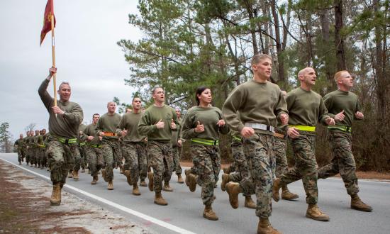 Marines assigned to the 26th Marine Expeditionary Unit conduct a formation run at Camp Lejeune, North Carolina.