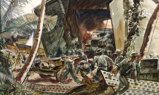 Equipment is quickly unloaded from LST-485 in New Zealand war artist Russell Clark’s watercolor Landing Ships Under Fire, Falamai, Treasury Islands. Meanwhile, Japanese fire from a concealed pillbox has temporarily halted offloading activities at nearby LST-399.