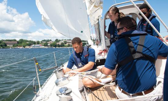 Coast Guard Academy cadets conduct their first day of the Coastal Sail Training Program on board a 44-foot sloop on the Thames River. Sail training has always been an essential part of the Academy’s training.