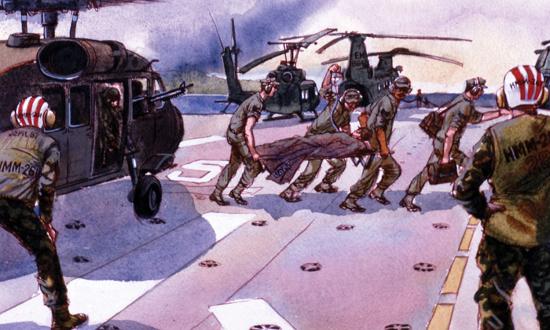 Combat artist Mike Leahy’s watercolor captures the hustle and bustle of interservice activity on the deck of the USS Guam in the thick of the October 1983 Grenada invasion. But beneath the surface, the hastily assembled operation bordered on the chaotic.