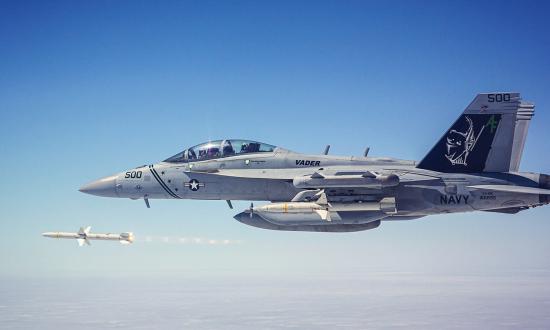 An EA-18G Growler from Electronic Attack Squadron 209 fires an advanced antiradiation guided missile–extended range. Naval aviation envisions live, virtual, constructive training will be at its full capability in 2035.