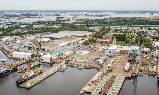 An aerial view of the Coast Guard’s sole shipyard, located in Baltimore, Maryland.  