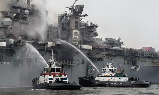 Federal firefighters and a helicopter from Helicopter Sea Combat Squadron 3 combat a fire on board the amphibious assault ship USS Bonhomme Richard (LHD-6) in San Diego in July 2020. Using the Swiss Cheese Risk Model without refinement could instill a dangerous false confidence and risk tolerance by failing to draw sufficient attention to the weakness of casualty-prevention systems.