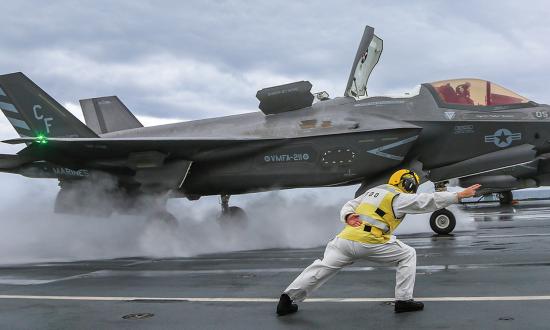 A Marine Fighter Attack Squadron 211 F-35B Lightning II on the flight deck of HMS Queen Elizabeth in the Mediterranean in November 2021. The Lightning II community does not have enough landing signal officers (LSOs) for deployments, nor is there a clear way to solve this issue without making manpower sacrifices or funding a Marine Corps F-35B LSO school.